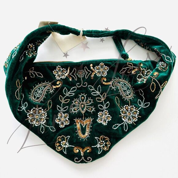 FREE PEOPLE Nashville Nights Beaded Sequin Velvet Shoulder Bag In Green NWT - Picture 3 of 9